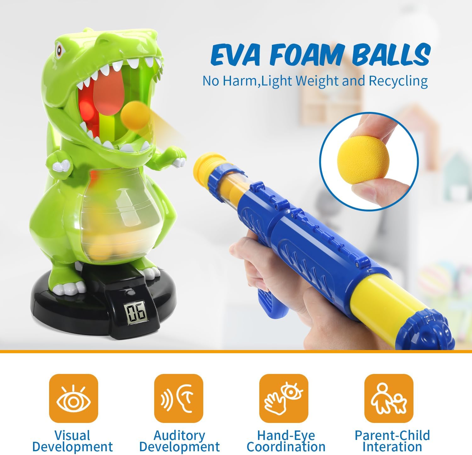 Dinosaur Shooting Toys, Electronic Kids Target Games w/ Air Pump Gun, LCD Score Record, 24 Foam Balls - Cykapu