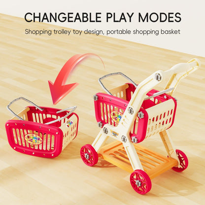 Kids Shopping Cart Trolley Play Set with Pretend Food and Accessories - Cykapu