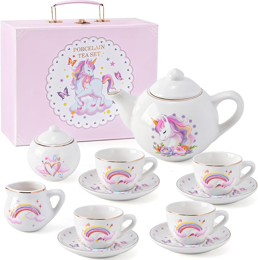 Porcelain Tea Set for Girls Toys Unicorn Gift, 13pcs Tea Party Set with Teapot & Cup & Saucer & Suitcase - Cykapu