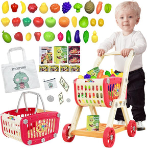 Kids Shopping Cart Trolley Play Set with Pretend Food and Accessories - Cykapu