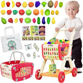 Kids Shopping Cart Trolley Play Set with Pretend Food and Accessories - Cykapu