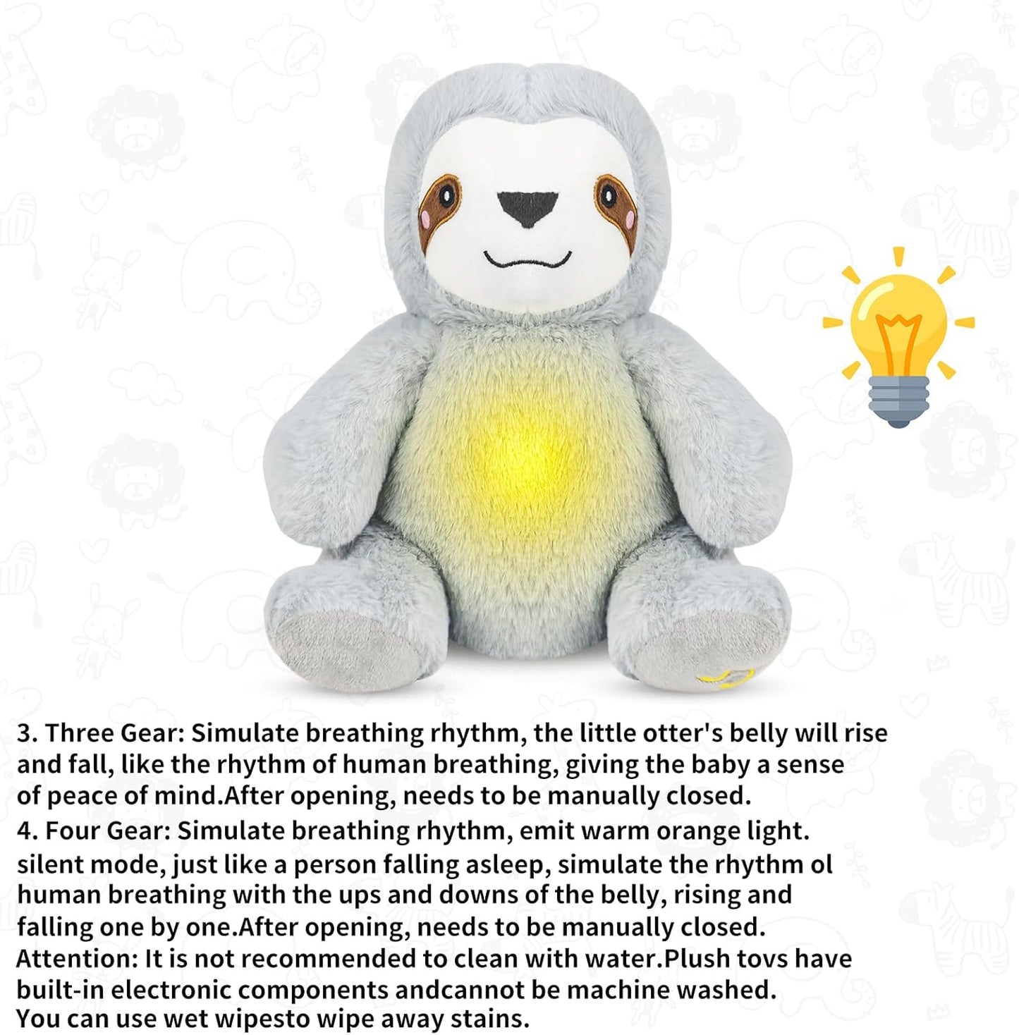 Breathing Stuffed Animal, Breathing Sloth, Four Gear Adjustment, Volume Control, Rhythmic Breathing Motion