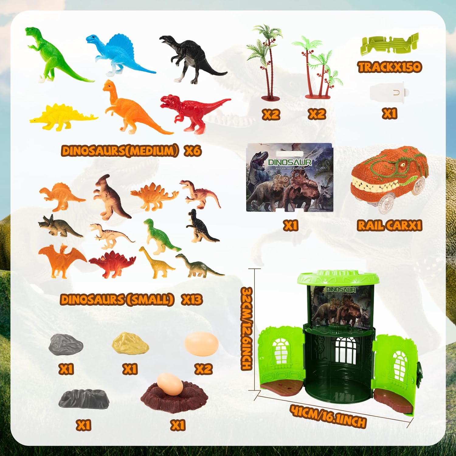 Dinosaur Toys for Kids 3-5, Dinosaur Toys Playset with Storage Box, 183 PCS Race Car Track Set Including 19 Dino Figures 1 Cool Race Car - Cykapu