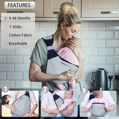 Baby Sling Carrier, Adjustable Baby Holder Carrier, Baby Half Wrapped Sling Hip Carrier, One Shoulder Labor-Saving, Cloth Fabric Lightweight Baby Carrier for Newborn to Toddler Up to 45 lbs (Grey)