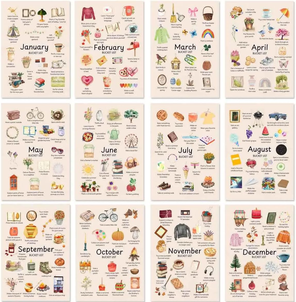 2026 Bucket List Calendar, Art Watercolor Monthly Calendar, Desktop Time Reminder Card