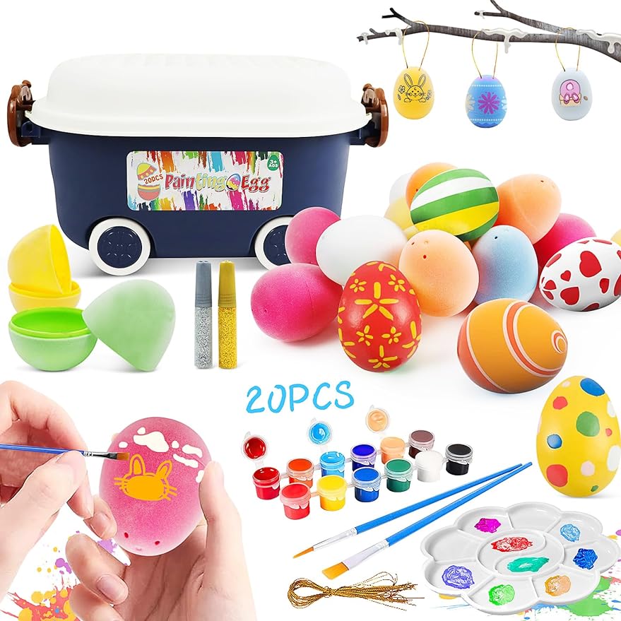 20Pcs Easter Eggs Painting Kit, Paintable Eggs with Doodle Kit for DIY Design, Hanging Flocking Eggs Cykapu