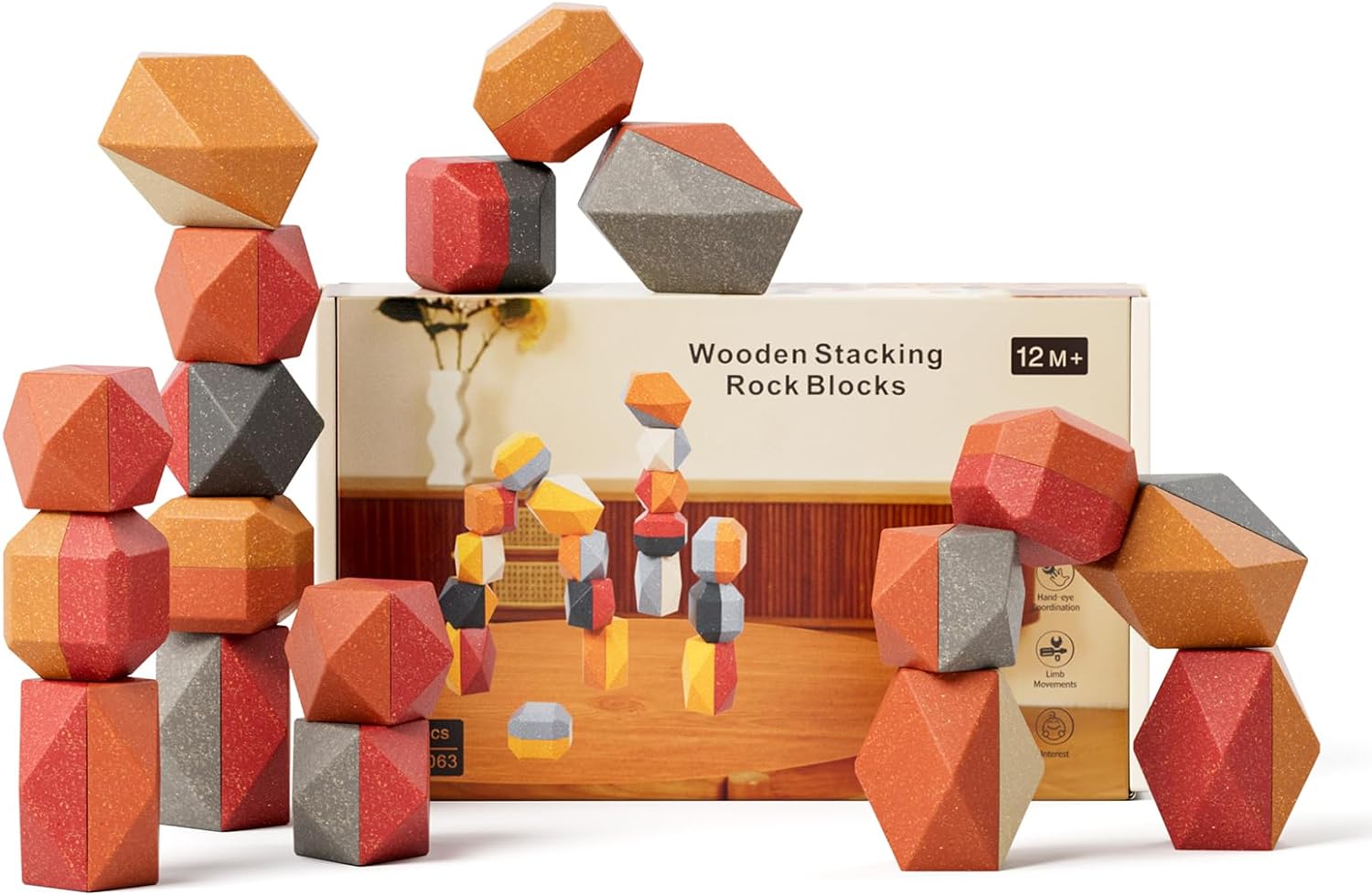 Wooden Sorting Stacking Rocks Stones，Montessori Toys for 1 Year Old，Safe for Ages 1+ Learning and Building Blocks Game for Kids for Toddlers 2-6 Years Old - Cykapu