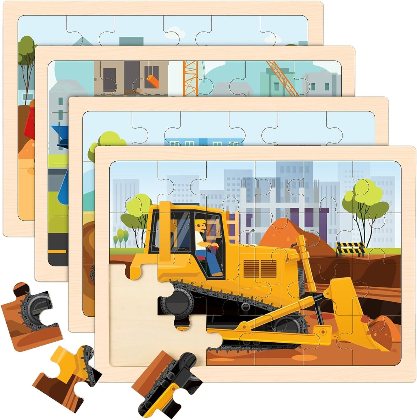 Wooden Puzzles for Kids Ages 3-5, 4 Packs 24 PCS Construction Vehicle Jigsaw Puzzles - Cykapu