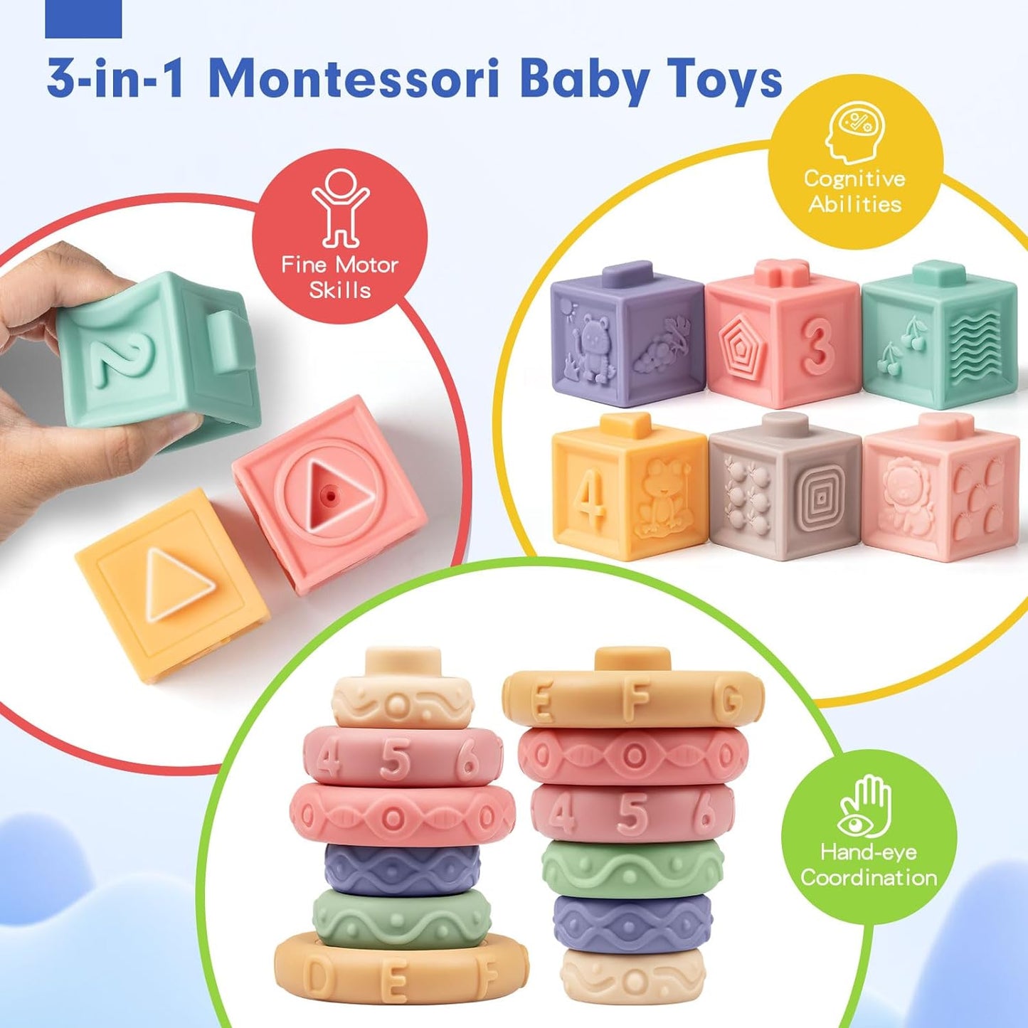 Baby Sensory Teething Toys Set, Incl Newborn Rattle Teether & Baby Blocks & Soft Stacking Rings - Cykapu