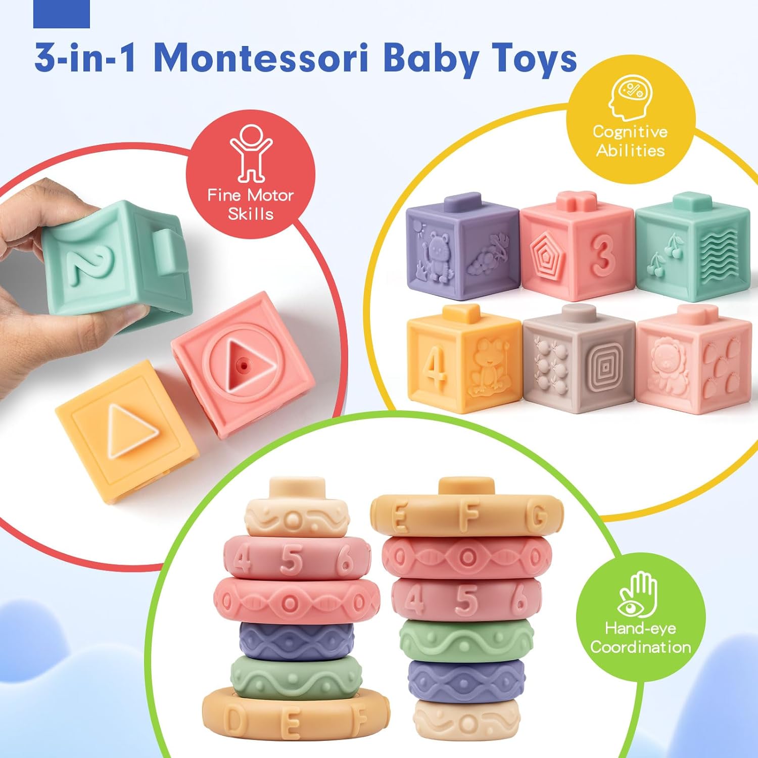 Baby Sensory Teething Toys Set, Incl Newborn Rattle Teether & Baby Blocks & Soft Stacking Rings - Cykapu