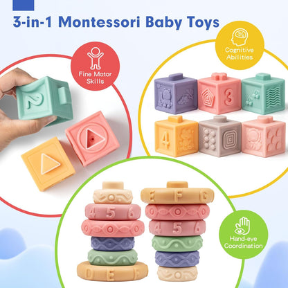 Baby Sensory Teething Toys Set, Incl Newborn Rattle Teether & Baby Blocks & Soft Stacking Rings - Cykapu