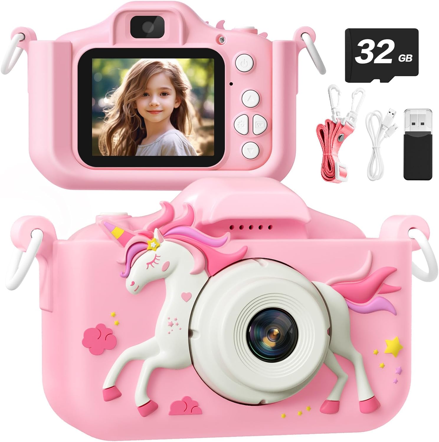 Kids Camera for Girls 3-12 Toddlers, HD Digital Video Camera with Large 32GB SD Card, 28 Funny Frames Dual Lens Selfie Camera - Cykapu