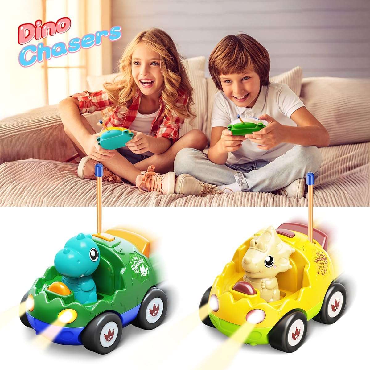 2 Pack Remote Control Car for 2 3 4 5 Years Old - Dinosaur Toys Toddlers RC Car with Music - Cykapu