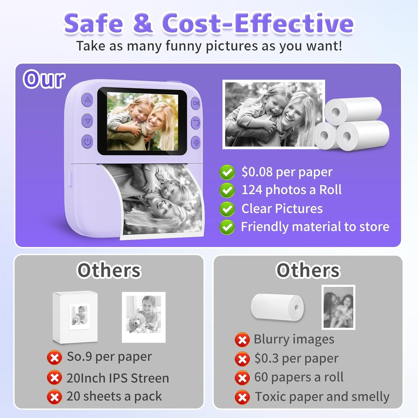 Instant Print Camera for Kids, Christmas Birthday Gifts for Girls Boys, 1080P Instant Digital Print Cameras for Toddler,Portable Toy