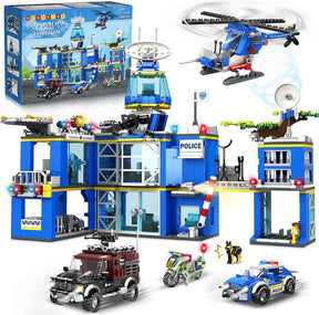 City Police Station Building Set - 1260 PCS Police Building Block Toys with Helicopter Motorcycle Police Vehicle Bandit Car - Cykapu