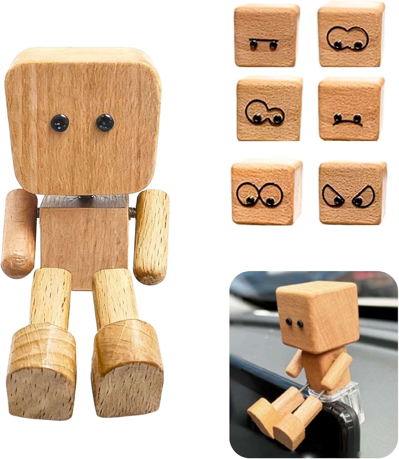 Shaking Feet Wooden Doll with Magnetic Expression, Wooden Man Figurine for Desktop Decoration, Fun car Indoor Decoration for Home Offices and Car