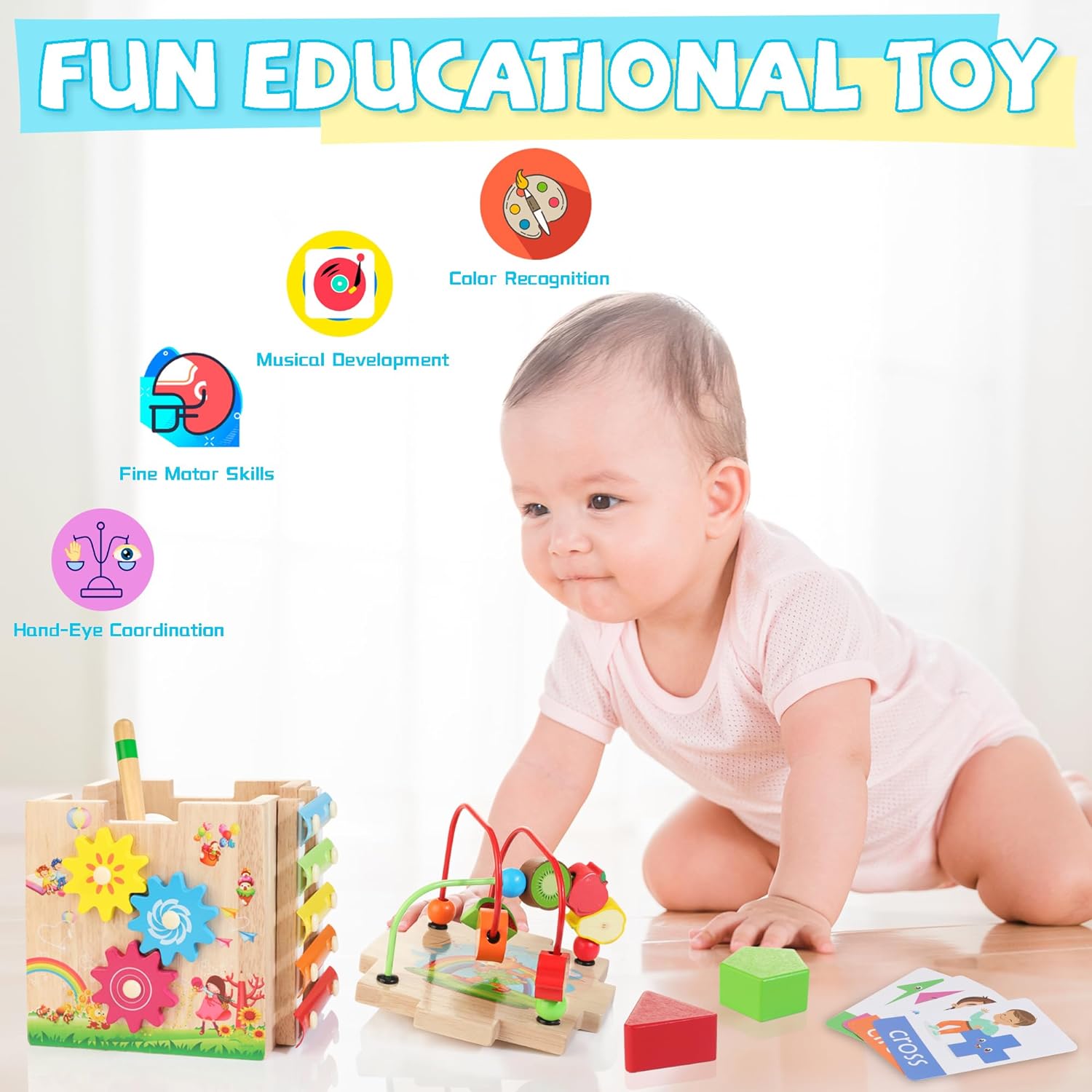 Wooden Activity Cube | 8-in-1 Montessori Toys, Bonus Sorting & Stacking Board