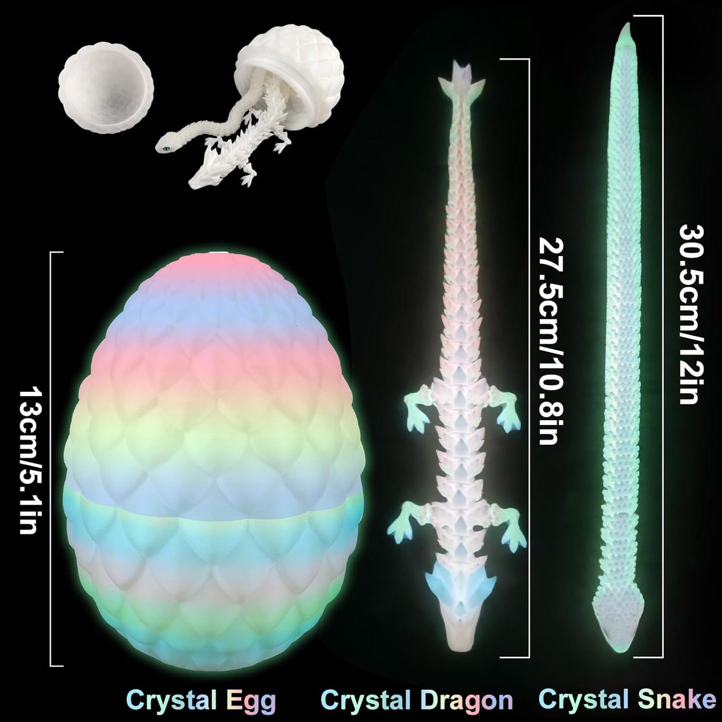 3D Printed Snake Dragon Toys, Flexible 3D Printed Animal Glow in The Dark, Perfect Desk Pet for Animal Collectors, Easter Basket Essentials for Kids, Articulated Crystal Dragon Fidget Toy for Kid Boy