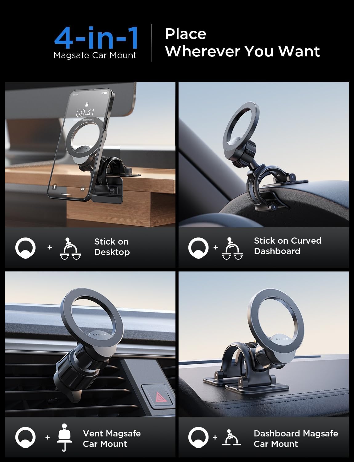 Flexibly Install for MagSafe Car Mount, 360° Rotation Magnetic Phone Holder for Car
