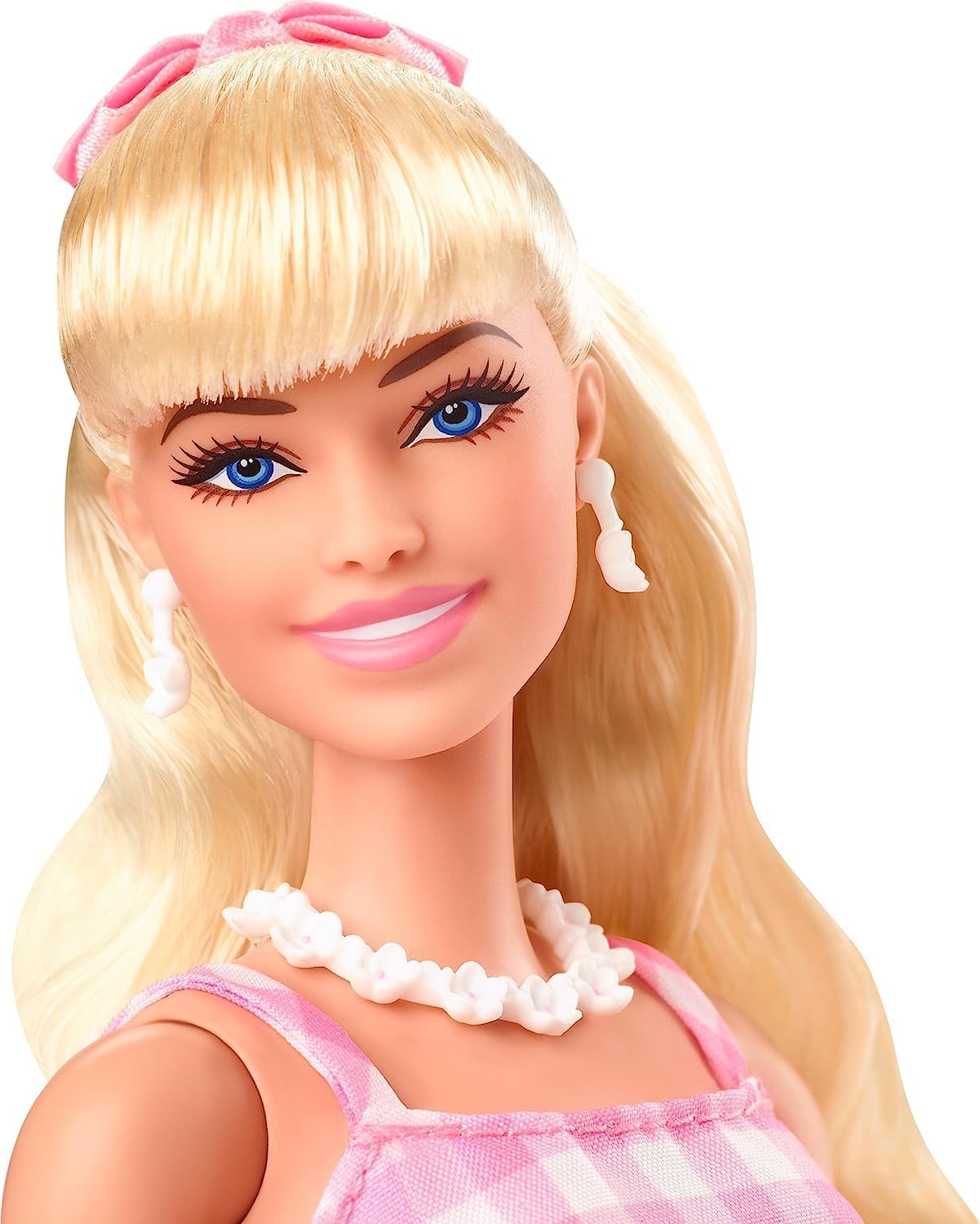 Margot Robbie as Barbi, 35X20 cm Collectible Doll Wearing Pink and White Gingham Dress with Daisy Chain Necklace