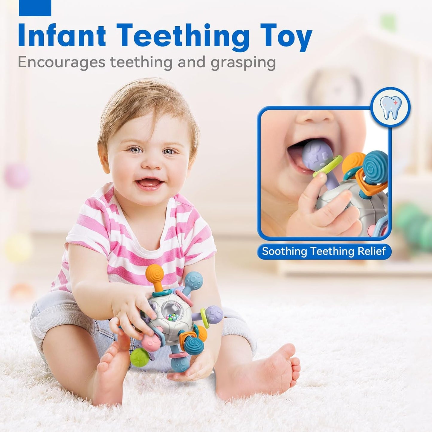 Baby Sensory Teething Toys Set, Incl Newborn Rattle Teether & Baby Blocks & Soft Stacking Rings - Cykapu