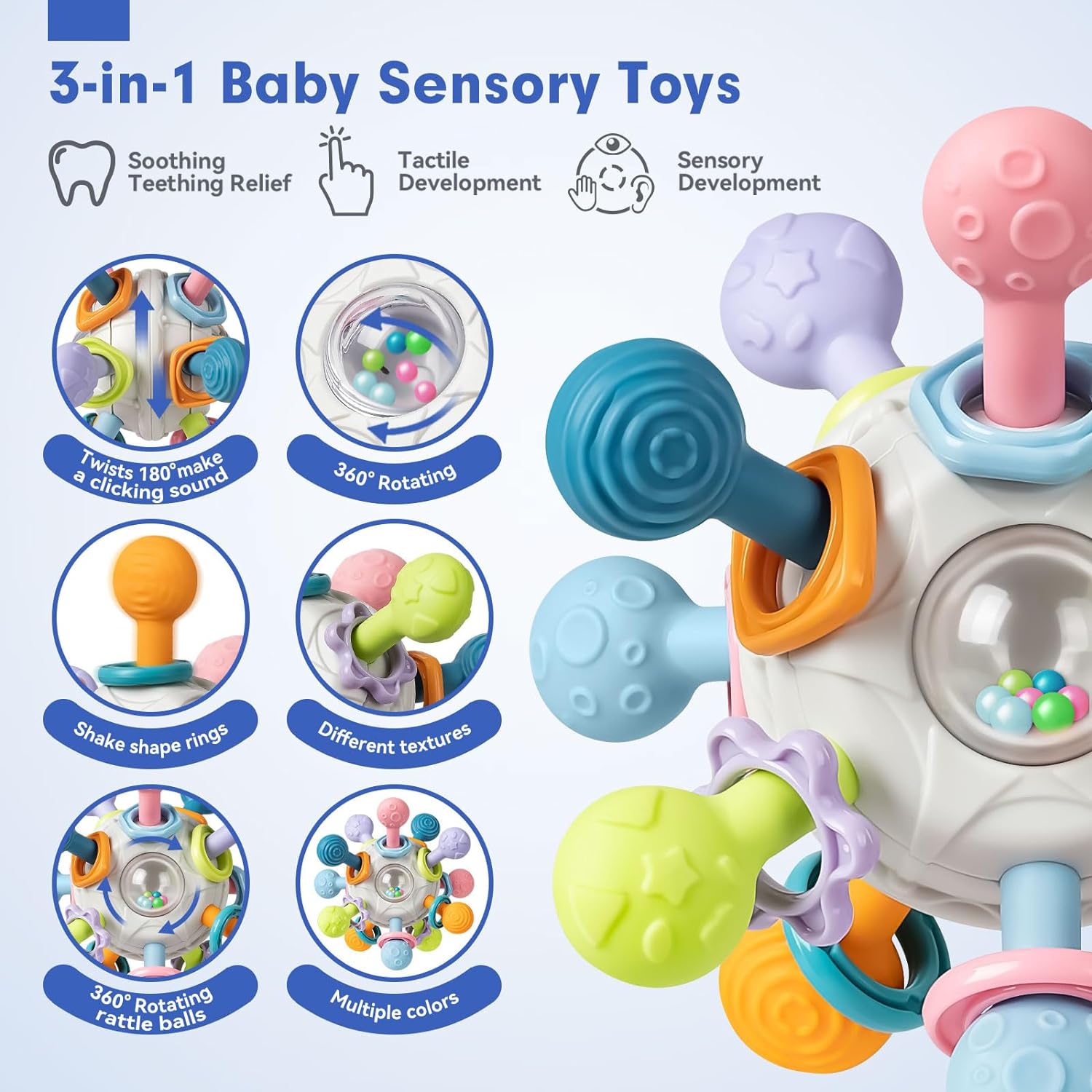 Baby Sensory Teething Toys Set, Incl Newborn Rattle Teether & Baby Blocks & Soft Stacking Rings - Cykapu