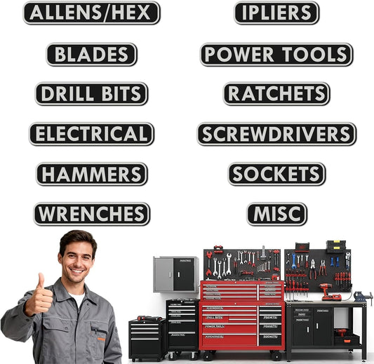12 Packs Magnetic Tool Box Labels Magnet, Tool Box Organizer General Toolbox Organize Accessories, Reusable Tags for Steel Toolboxes, Hammers, Sockets, Wrenches and Pliers for Mechanic, Hobbyist