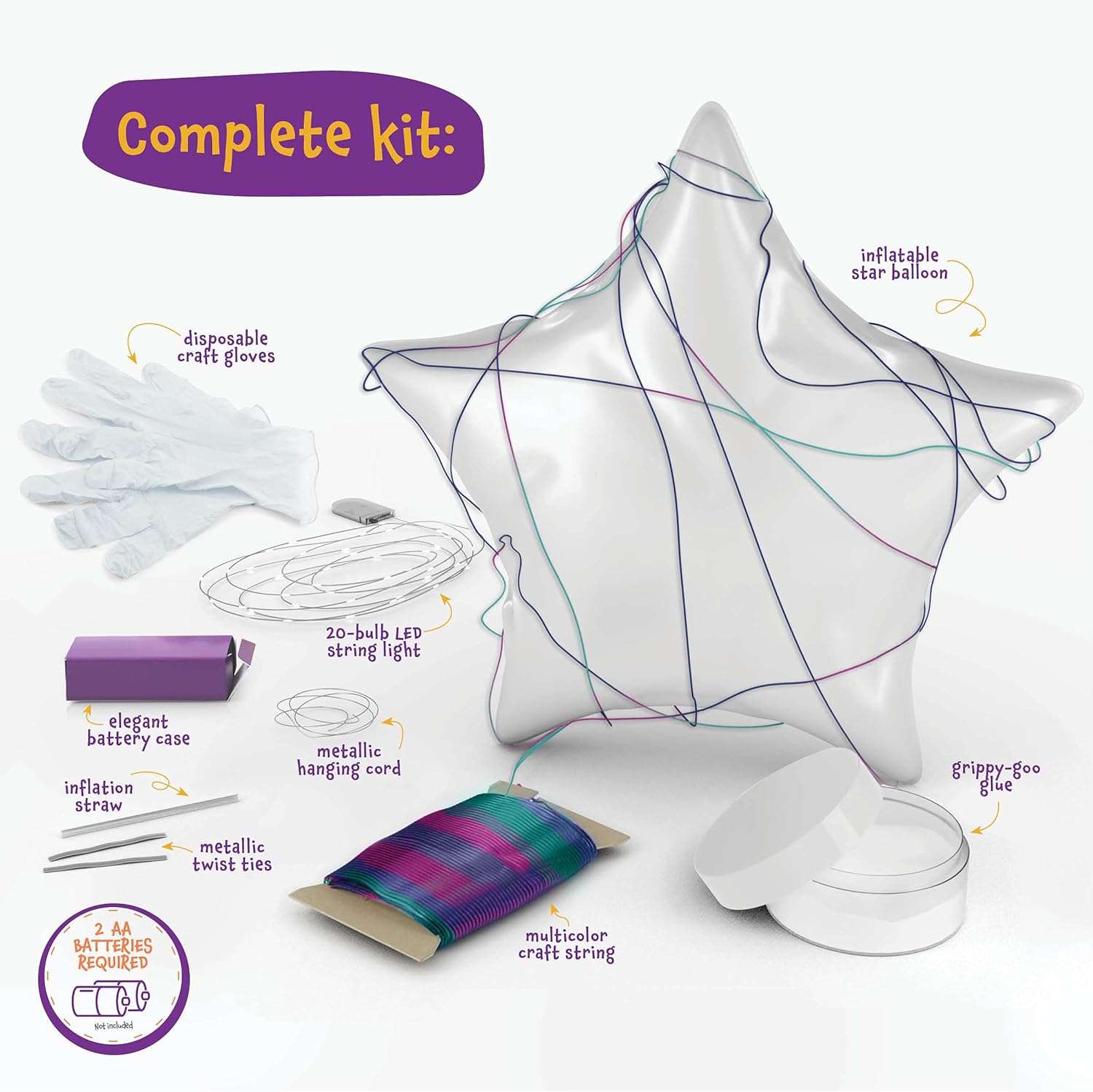 3D Light-up String Art Kit for Kids - Star Lantern Making Kit w/ 20 LEDs - Cykapu