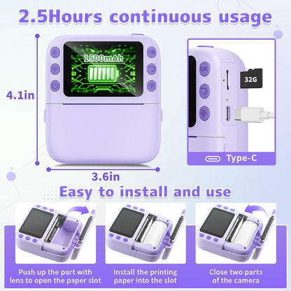 Instant Print Camera for Kids, Christmas Birthday Gifts for Girls Boys, 1080P Instant Digital Print Cameras for Toddler,Portable Toy