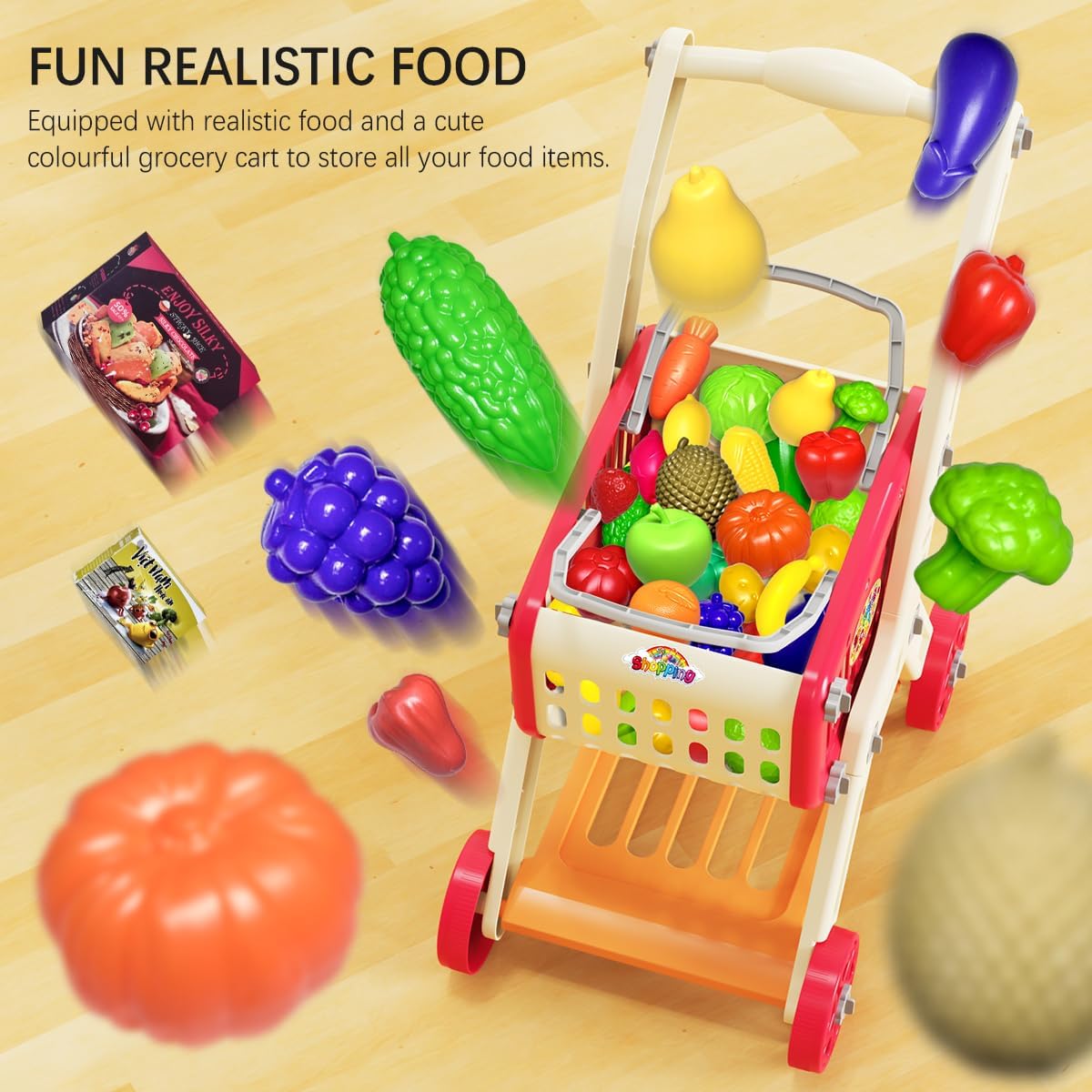 Kids Shopping Cart Trolley Play Set with Pretend Food and Accessories - Cykapu