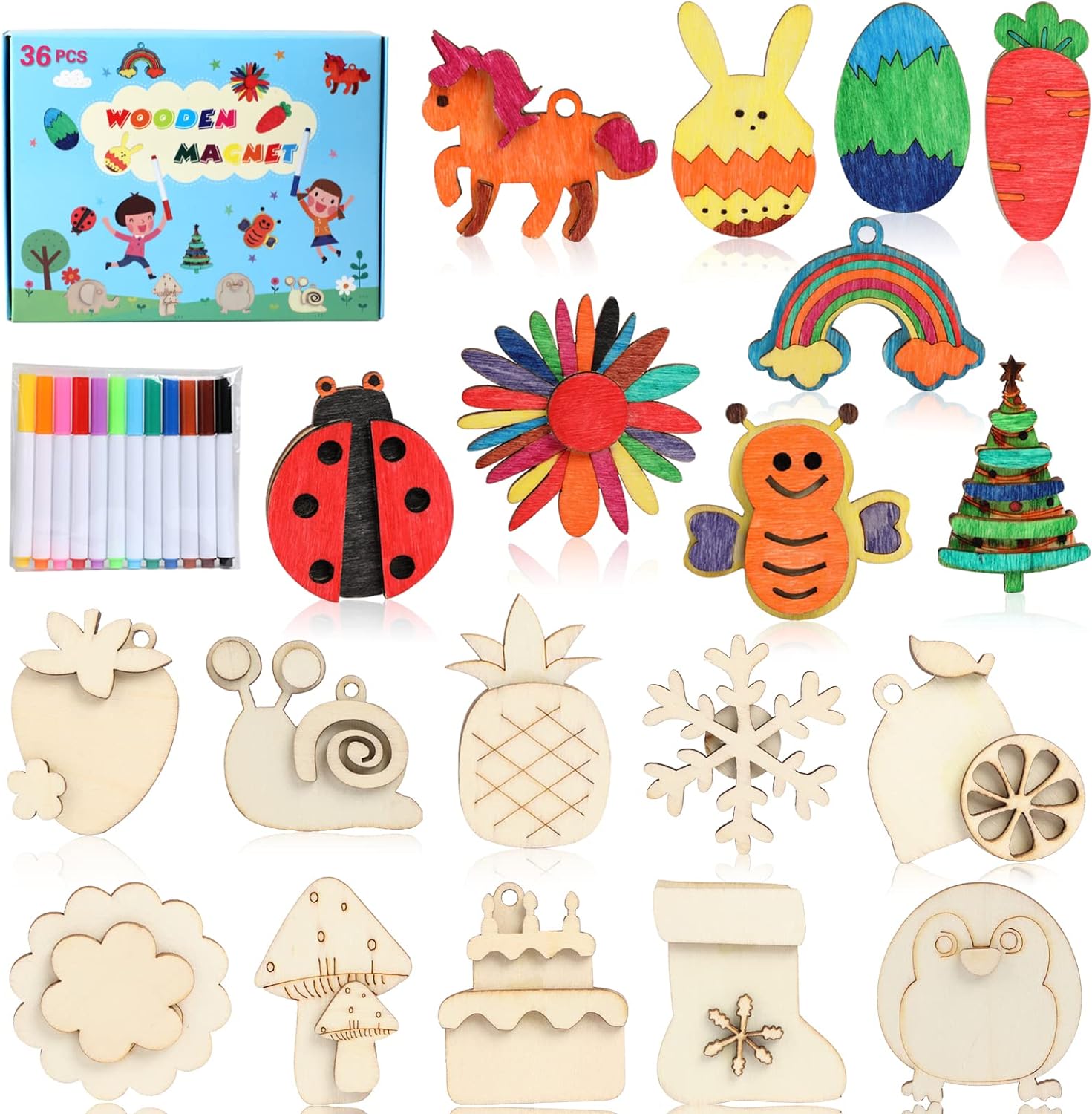 DIY Wooden Magnets, 36 pcs Wooden Art Craft Supplies Painting Kit for Kids Party Favors