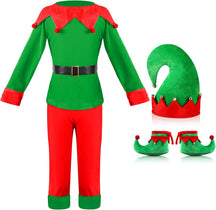 Kids Christmas Elf Costume Set Elf Dress up Santa's Helper Costume Xmas Suit with Elf Hat Shoes Gold Buckle Belt