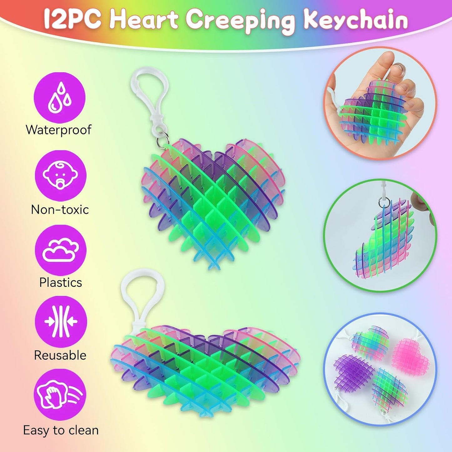 12Pcs Fidget Worm Toy, Heart Fidget Worm Keychain, 3D Printing Elastic Worm Fidget Toys for Adults Kids