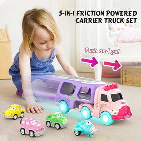 5-in-1 Carrier Truck for Toddler Girl, Friction Power Toy Cars with Light & Sound