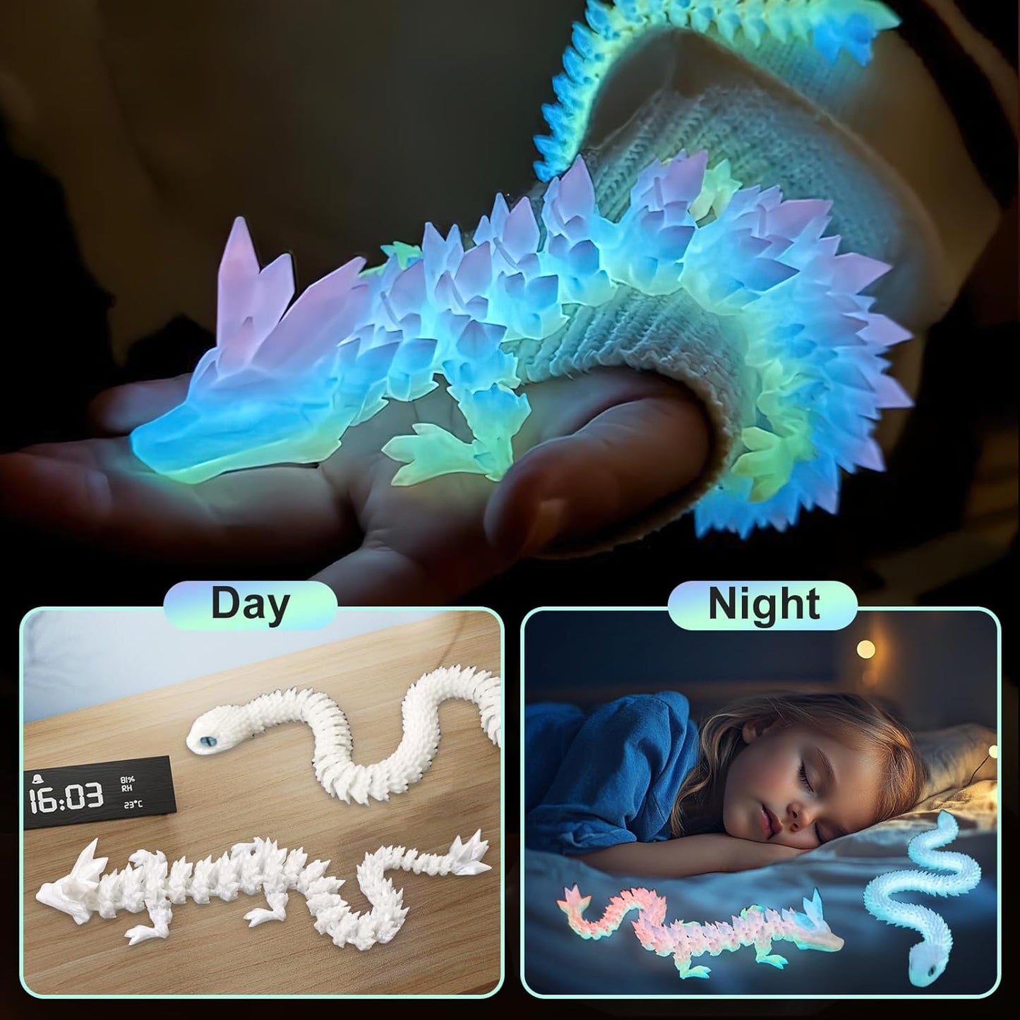 3D Printed Snake Dragon Toys, Flexible 3D Printed Animal Glow in The Dark, Perfect Desk Pet for Animal Collectors, Easter Basket Essentials for Kids, Articulated Crystal Dragon Fidget Toy for Kid Boy
