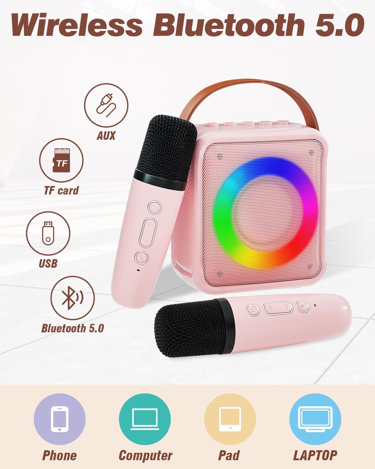 Mini Karaoke Machine for Kids Adults, Portable Bluetooth Speaker with 2 Wireless Microphones, Microphone Speaker Set with LED Disco Lights for Home Party, Birthday Gifts for Girls Boys Kid(Pink) - Cykapu