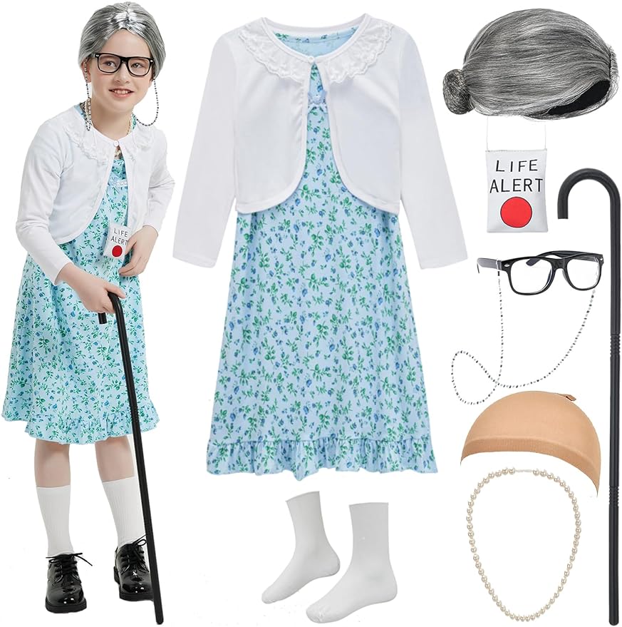 Old Lady Costume for Girls 100th Day of School Costume Grandma Granny Dress
