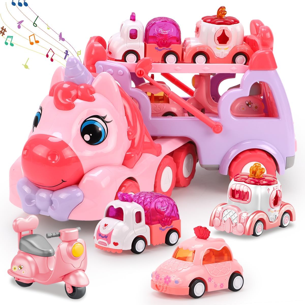 5 in 1 Carrier Truck Car Toys for Girls Toddlers Age 1 2 3+, Unicorn Toy Girl Cars with Music&Light