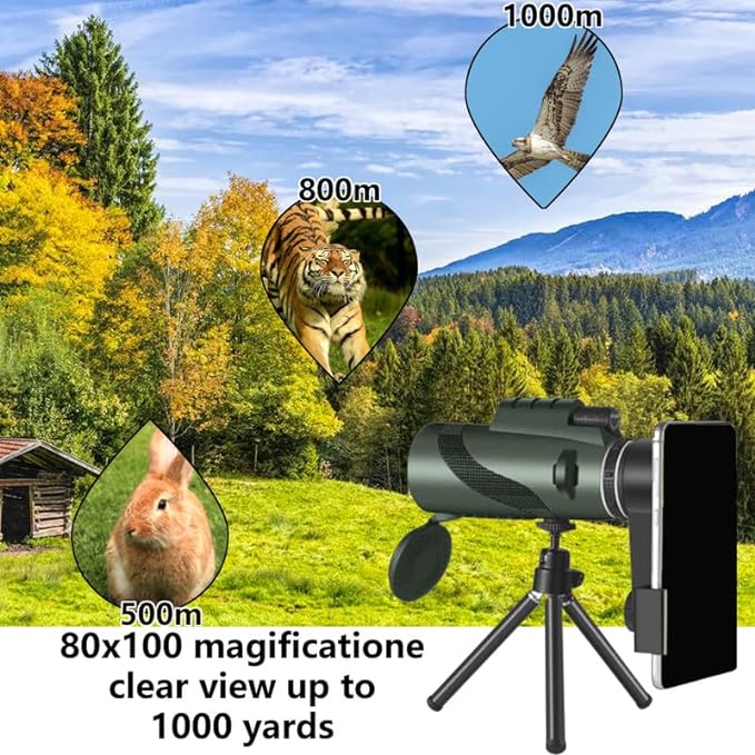 80x100 Monocular Telescope High Powered Monoculars for Adults Compact Monocular for Smartphone Adapter, Handheld Telescope with Tripod for Bird Watching Hunting Camping Travel