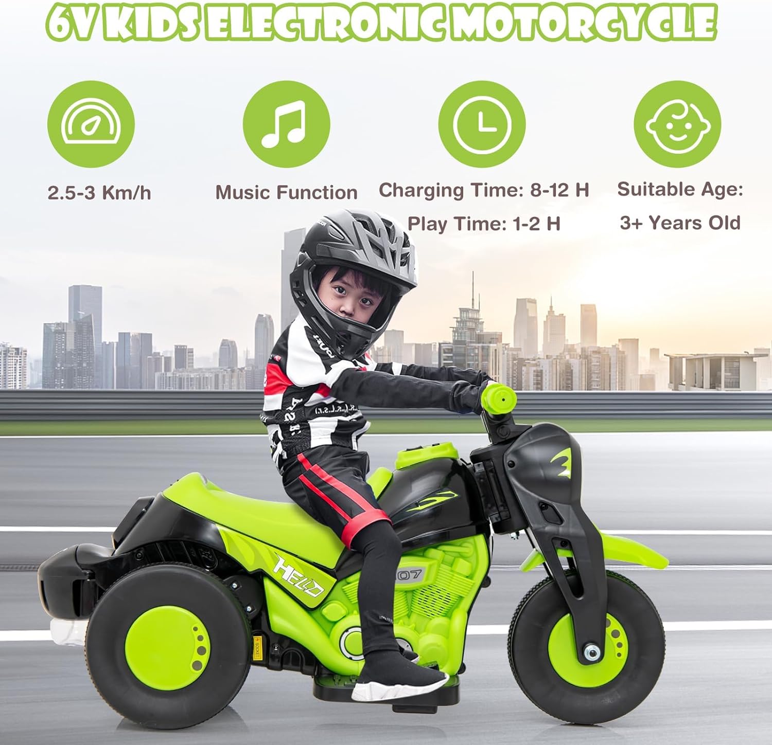 Kids Motorcycle, 6V Electric Ride On Car with Automatic Bubble Function, Foot Pedal, Headlight, Music, 3 Anti-Skip Wheels Vehicl - Cykapu
