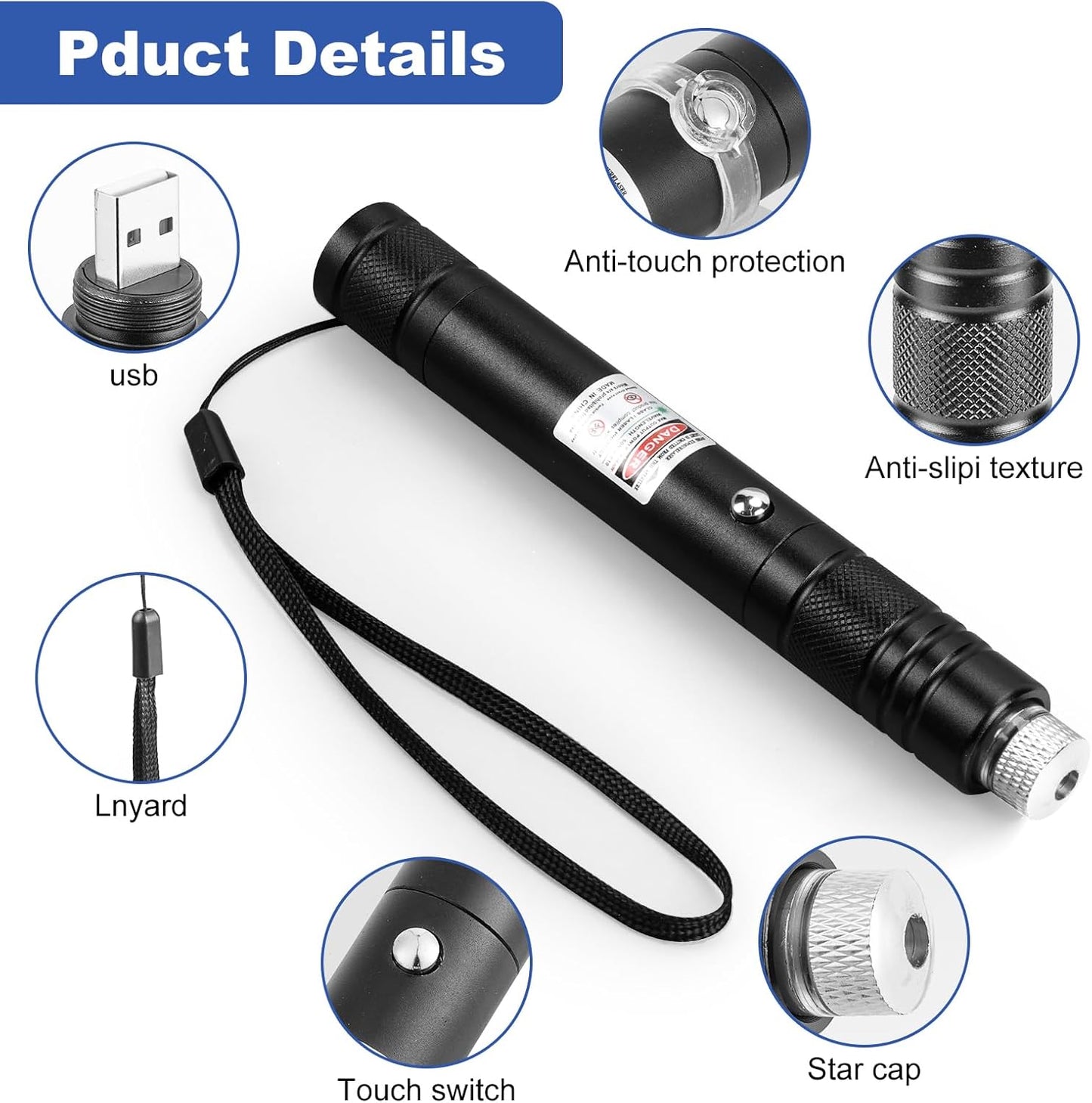 Green Laser Pointer High Power Pen - Long Range Rechargeable Laser Beam, USB Charging for Hiking