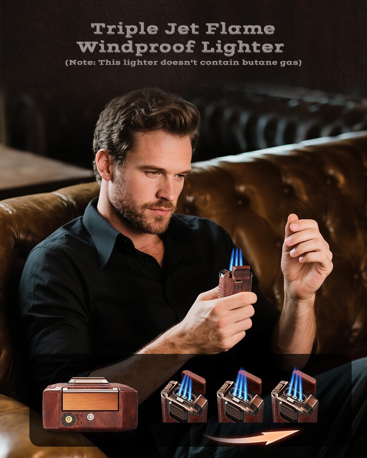 5-in-1 Torch Lighter with Cutter, Punch, Holder and Draw Enhancer Tool, Triple Windproof Jet Flame, Refillable Lighters with Accessories, Cool Lighter Gifts for Men, Butane Lighter for Candle, Travel