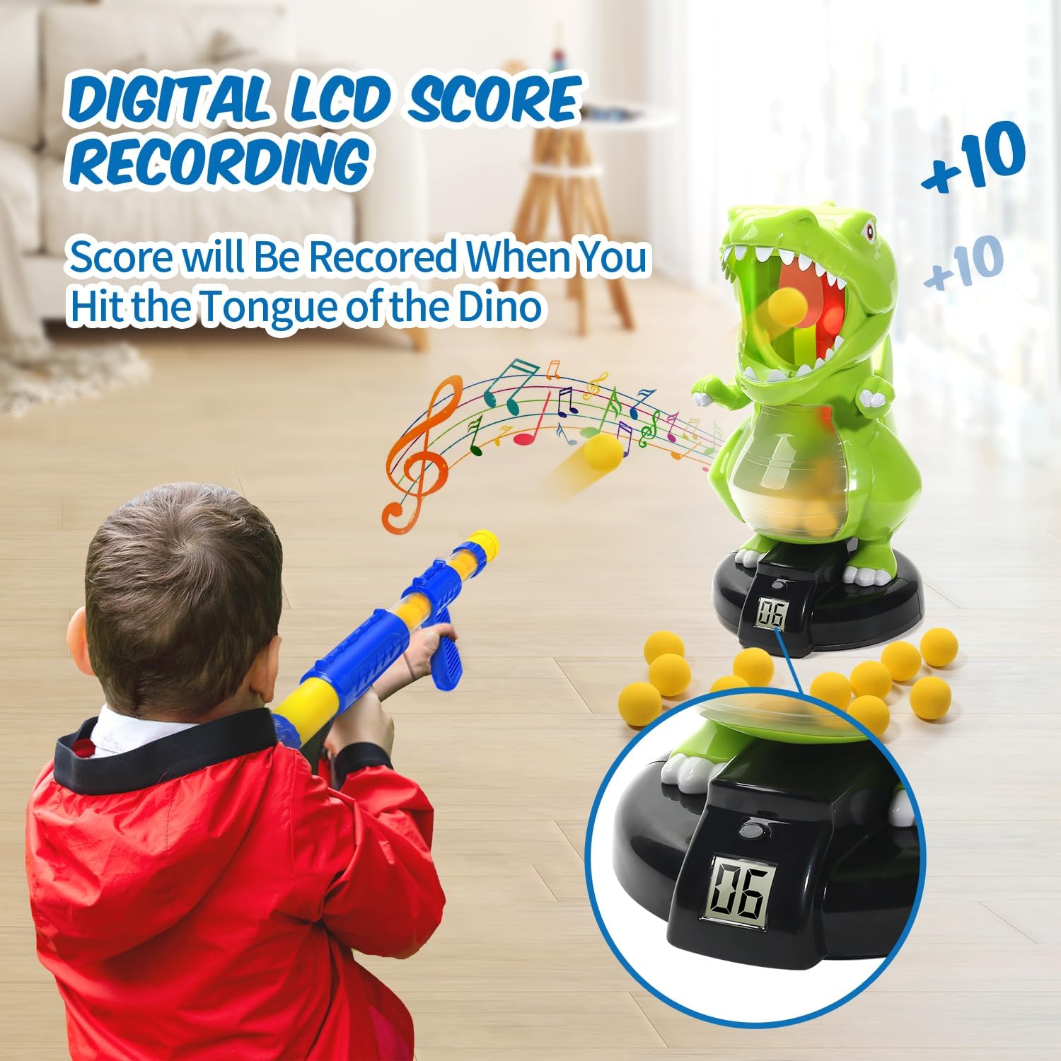 Dinosaur Shooting Toys, Electronic Kids Target Games w/ Air Pump Gun, LCD Score Record, 24 Foam Balls - Cykapu