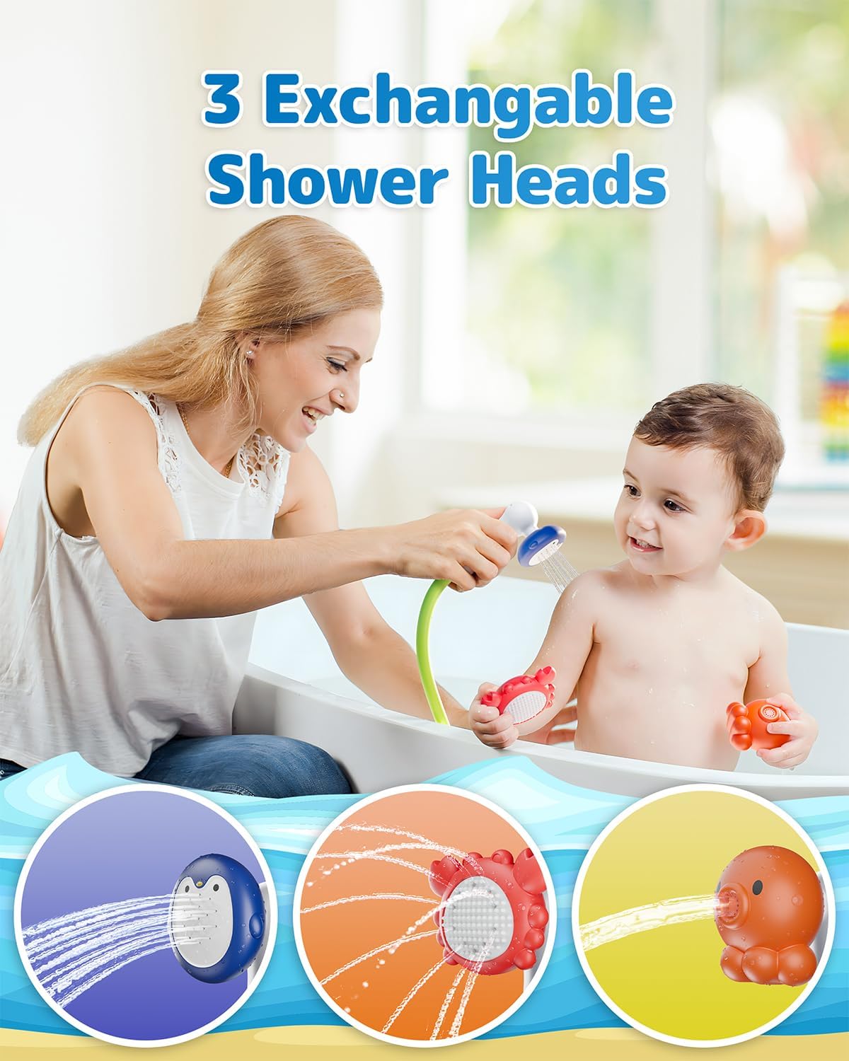 Baby Bath Shower Head with Water Thermometer, 3-in-1 Rechargeable Bath Toys - Cykapu