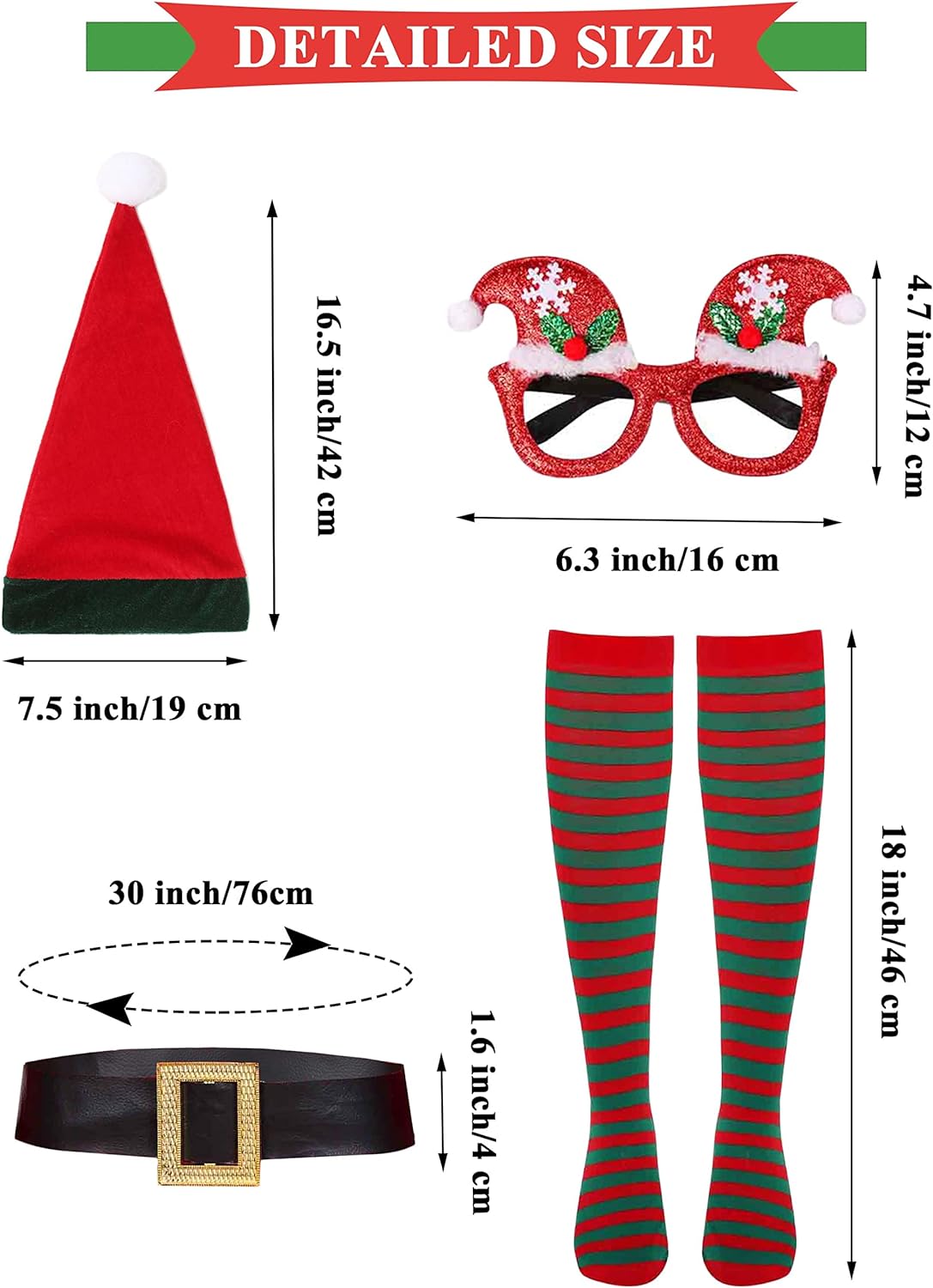 Elf Costume for Girls Kids Christmas Dress with Elf Hat Glasses Belt Striped High Socks - Cykapu
