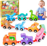 Toddler Dinosaur Toys Age 2-4: IPOURUP Wooden Dinosaurs Train Set Montessori Educational Toys for 2 3 4 5 6 Year Old Boys Girls Kids Birthday Gifts 11 PCS Trains Car with Numbers for Toddlers Toy Gift