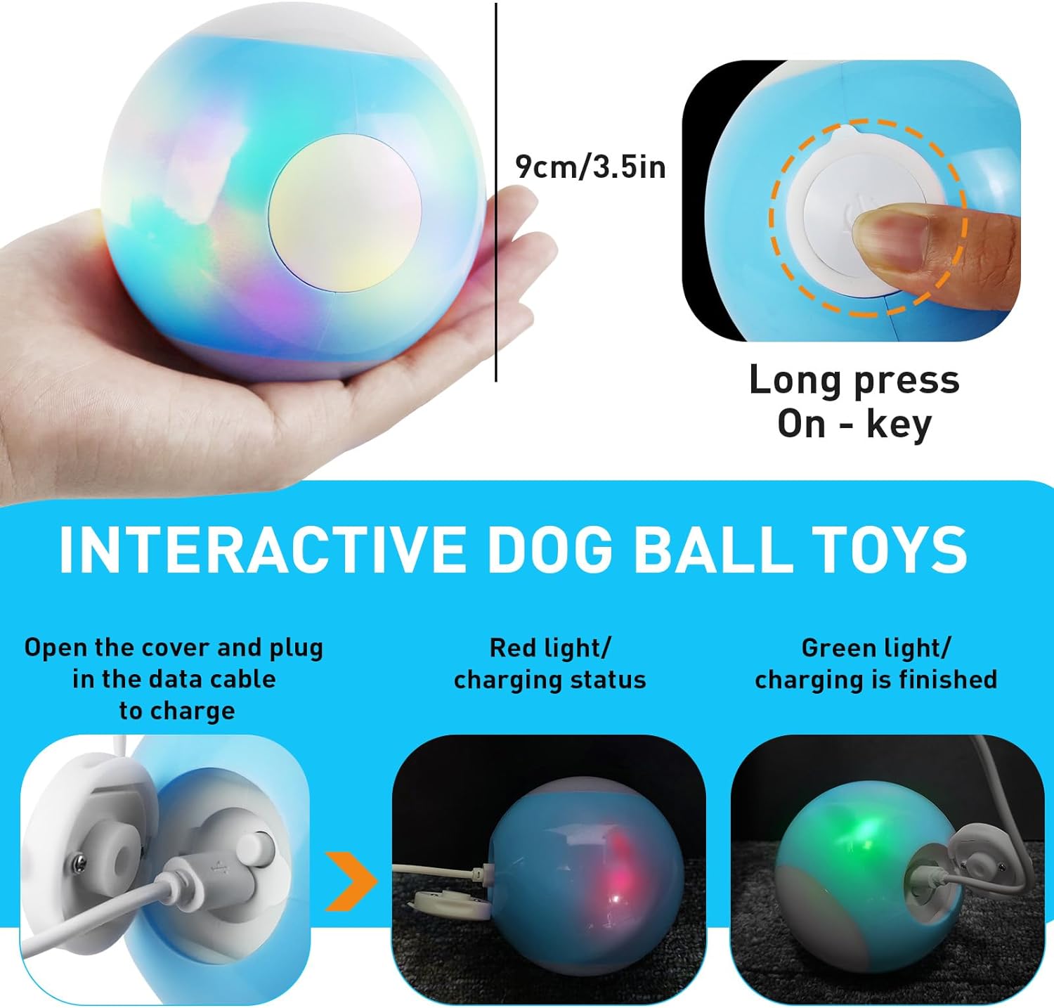 Smart Interactive Dog Ball Toys, Automatic Moving Rotating Dog Ball, Funny Chaser Peppy Pet Wicked Ball for Small Medium Dogs, Indoor & Outdoor Interactive Active Rolling Ball Dog Toy-USB Rechargeable