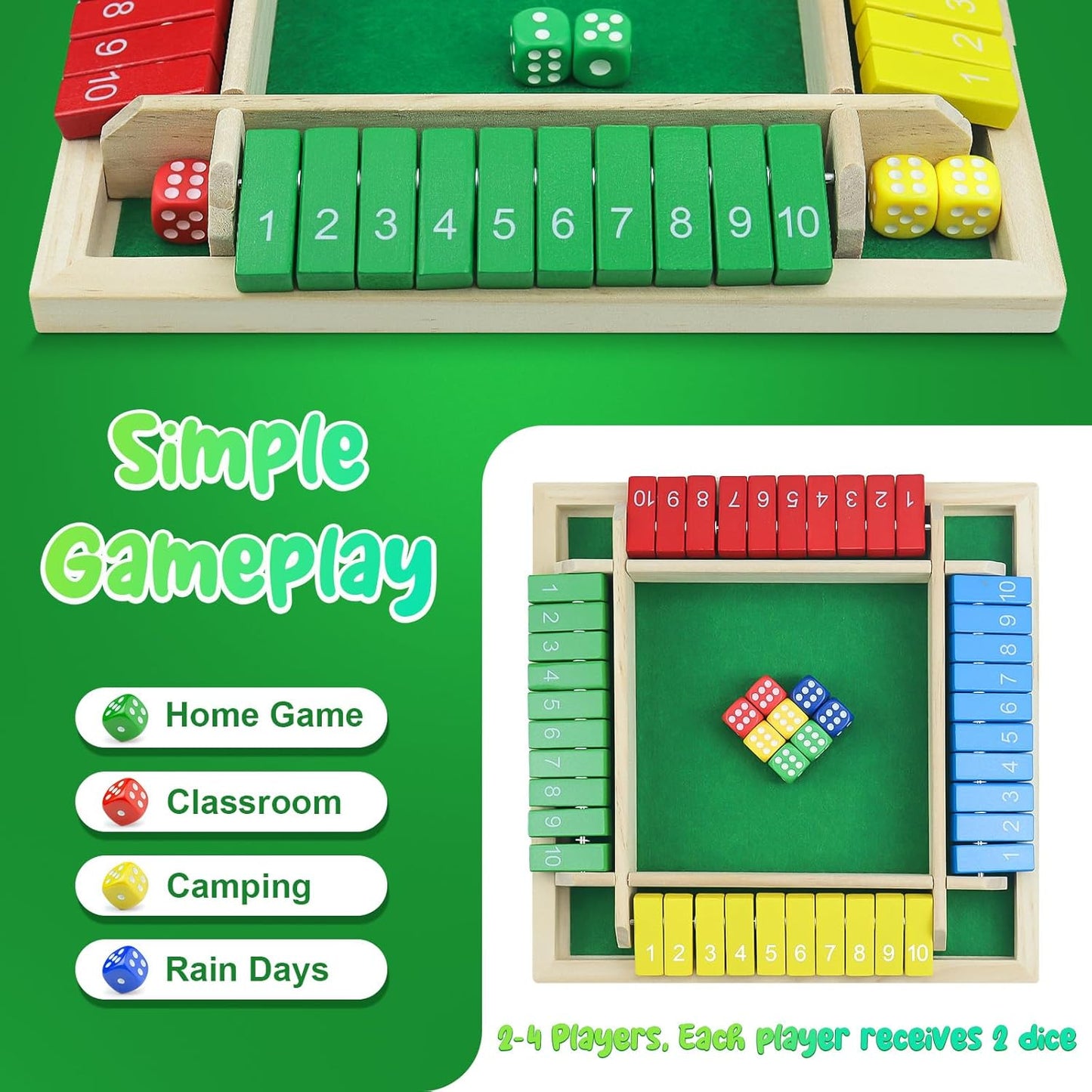 Shut The Box Game, Back to School Supplies, 2-4 Player Family Wooden Board Table Math Games, Board Games, Family Games, 8 Dices Tabletop Toys for School Supplies, Halloween, Christmas, Party favors