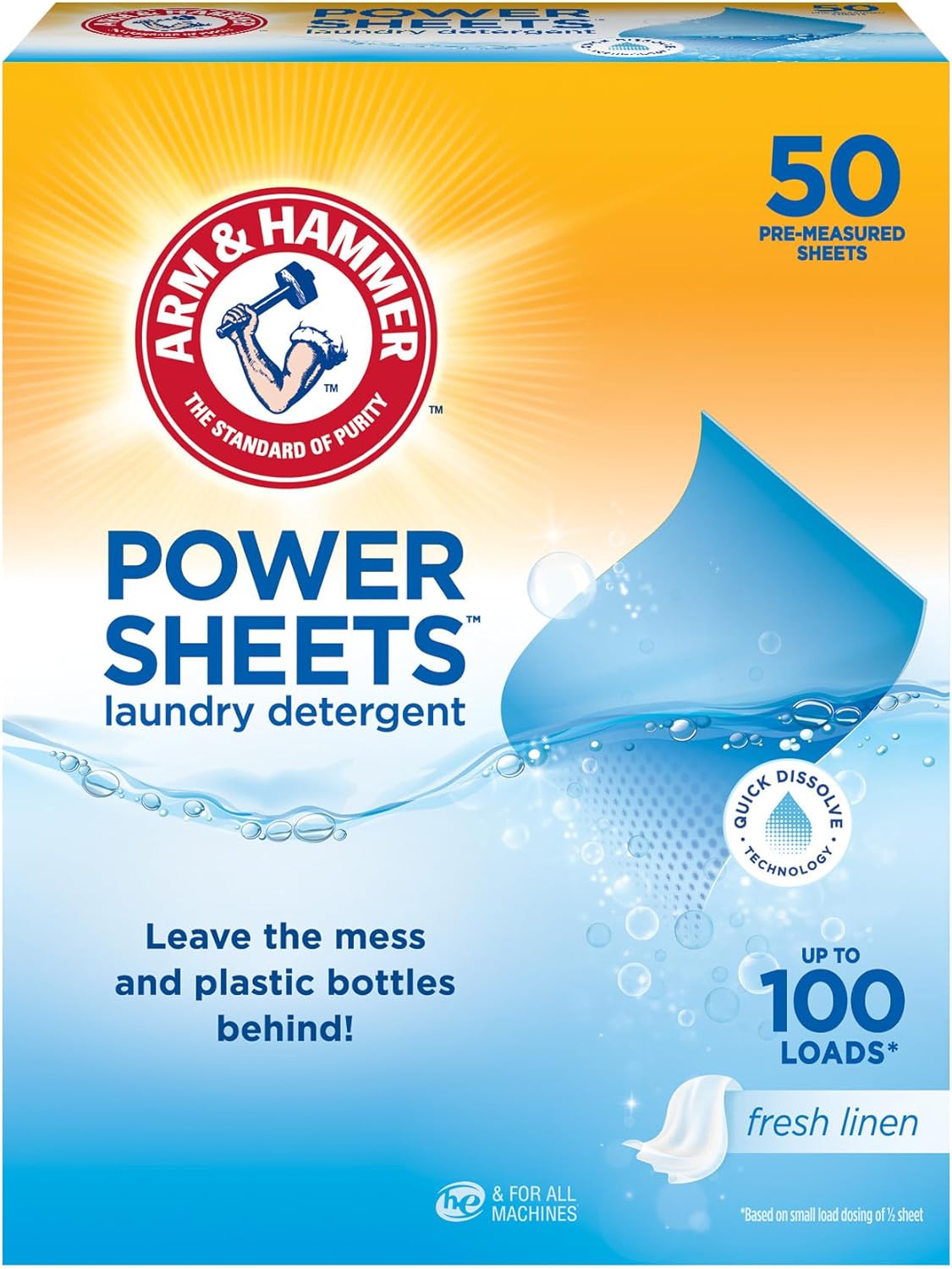 Arm & Hammer Power Sheets Laundry Detergent, Fresh Linen 50ct, up to 100 Small Loads Cykapu