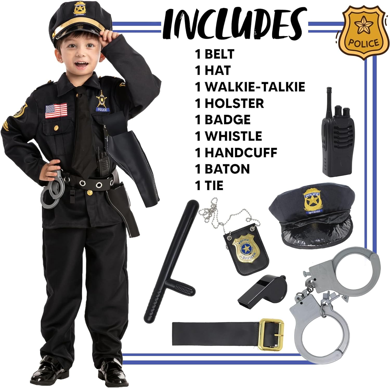 Creations Police Costume for Kids, Cop Costume Outfit Set for Halloween Role-playing, Themed Parties Cykapu